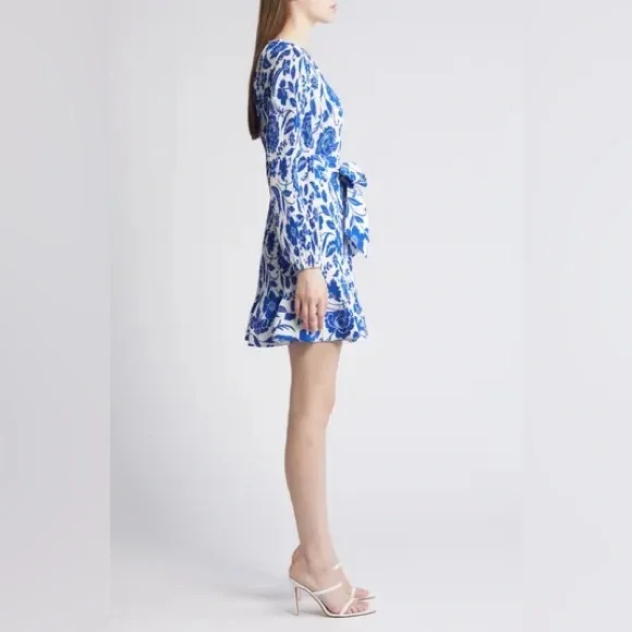 Milly Blue Liv Flowers of Spain Long Sleeve V Neck Pleated Mini Dress - Picture 3 of 13